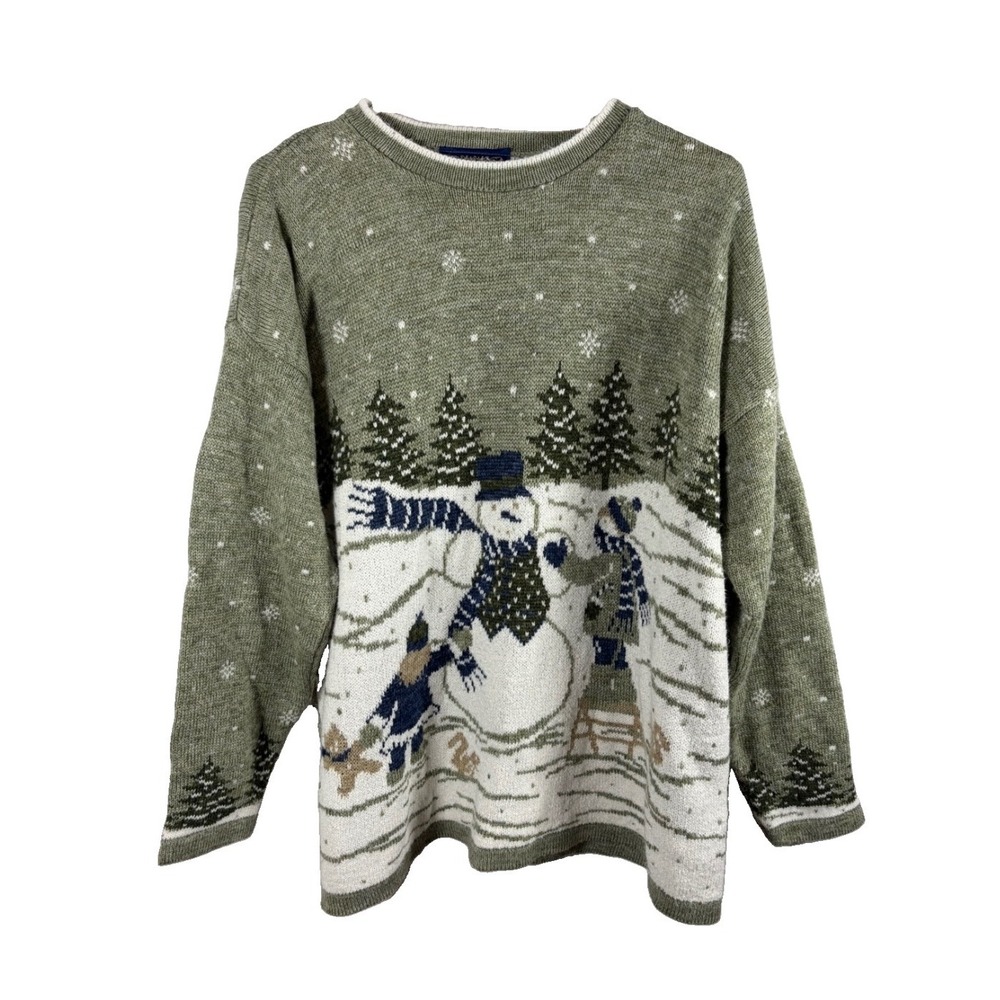 Vintage 90s Willow Ridge Snowman Winter Sweater Sage Green XL USA Ski Cabincore